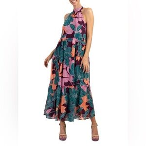 Trina Turk Sunglasses Halter Dress Size XL Tiered Floral Print Resortwear